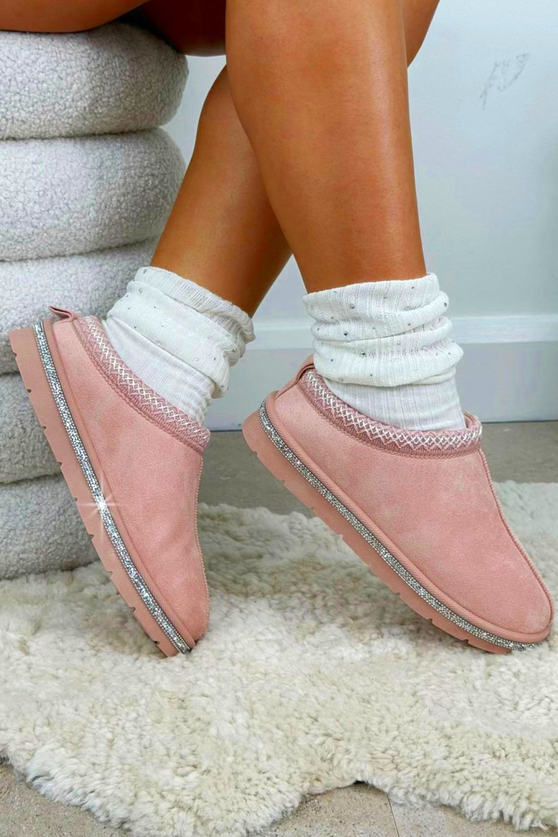 Crystal Tazgirl Faux Fur Lined Mule Clog Slippers Pink, bringing attention to luxe faux-suede upper