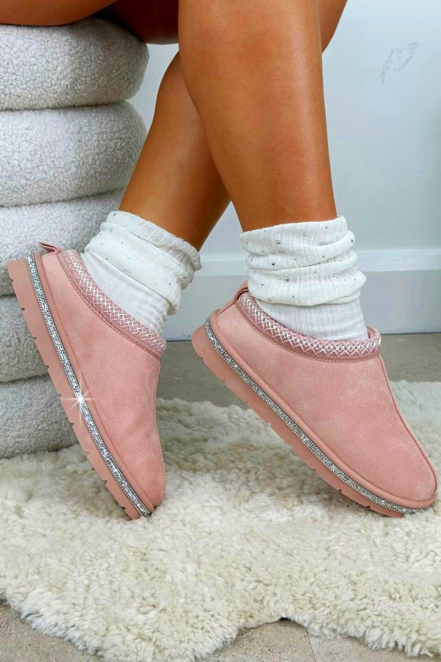 Crystal Tazgirl Faux Fur Lined Mule Clog Slippers Pink, bringing attention to luxe faux-suede upper