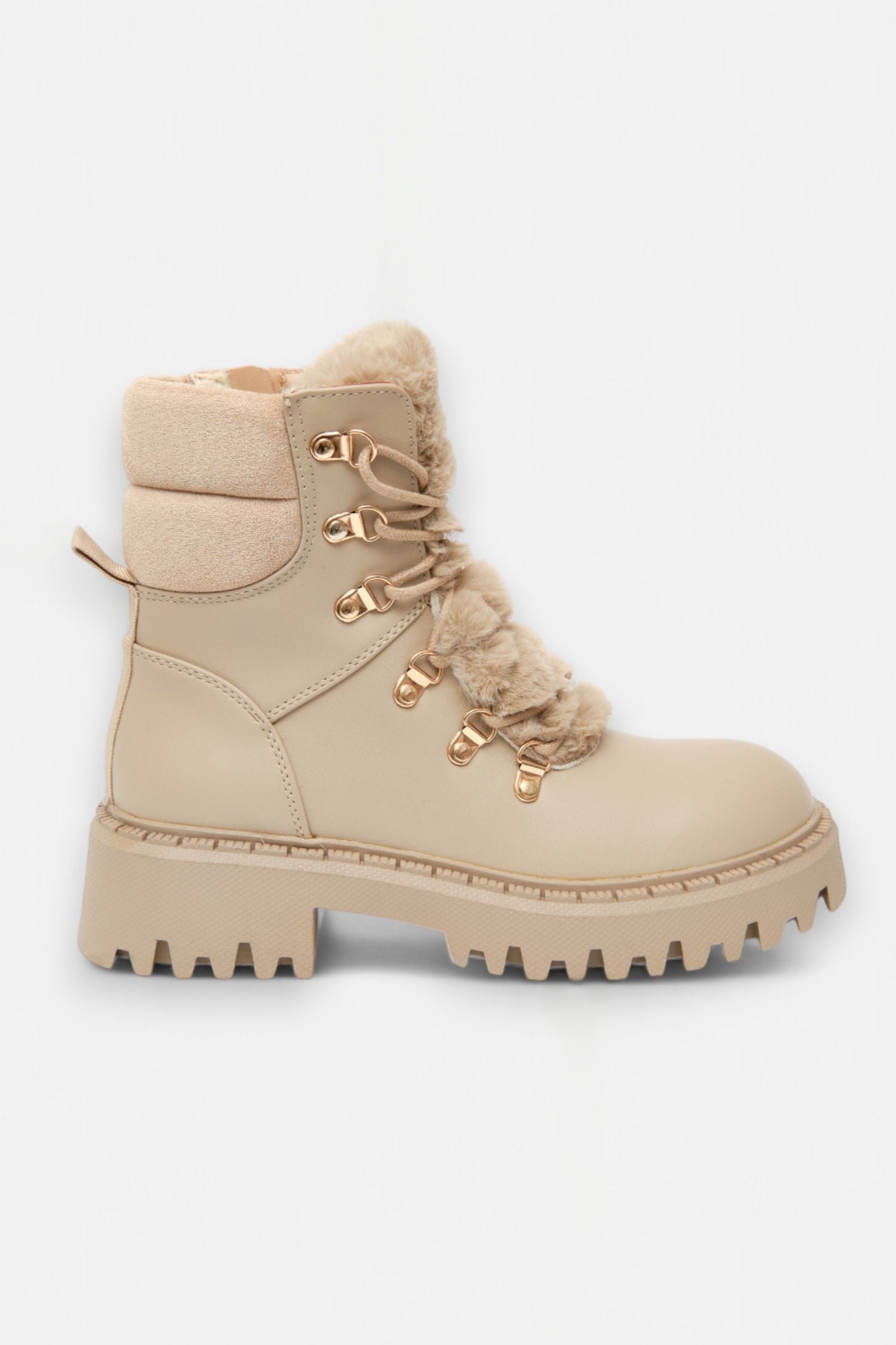 Fur Couture Ankle Boots Mocha, highlighting lace-up with gold-tone hardware