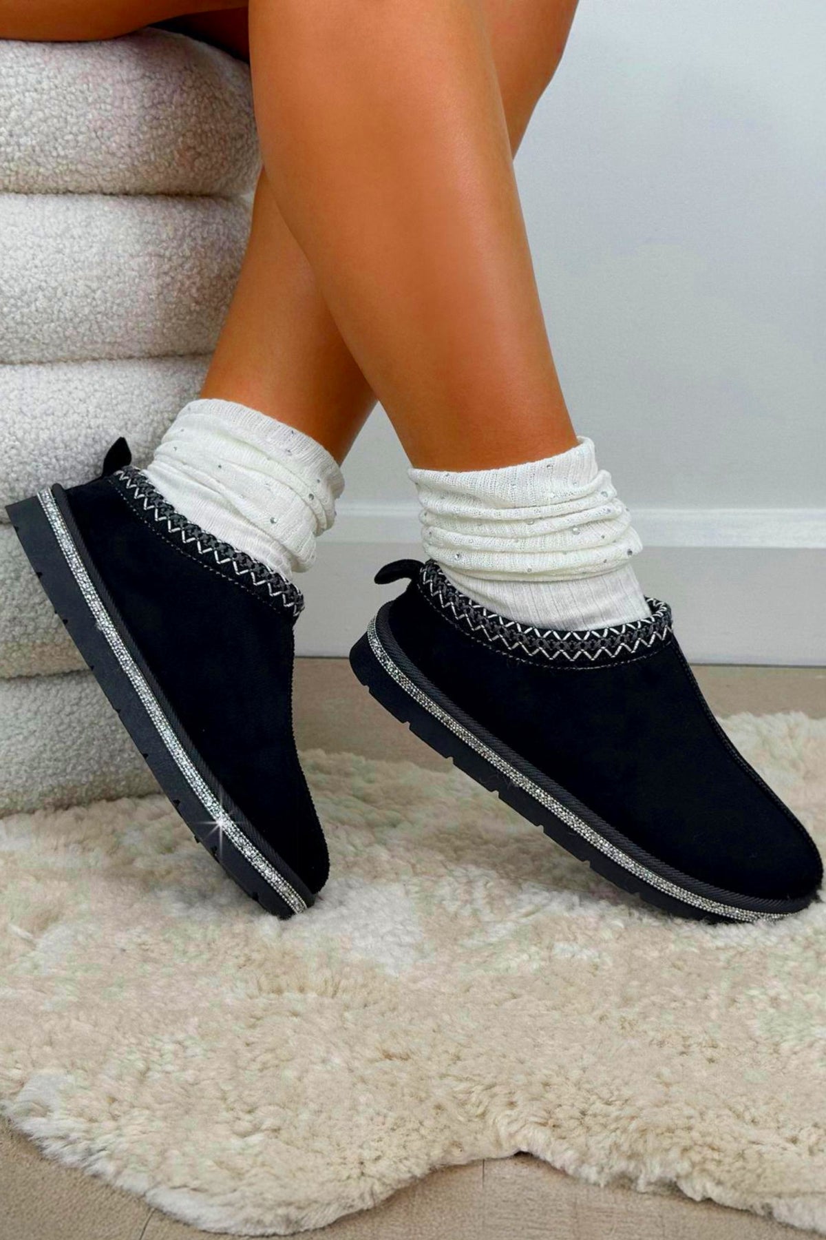 Crystal Tazgirl Faux Fur Lined Mule Clog Slippers Black featuring a luxurious crystal trim
