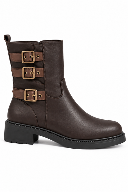 Harley Luxe Triple Buckle Slouch Faux Leather Biker Zip Up Ankle Boots Chocolate Brown