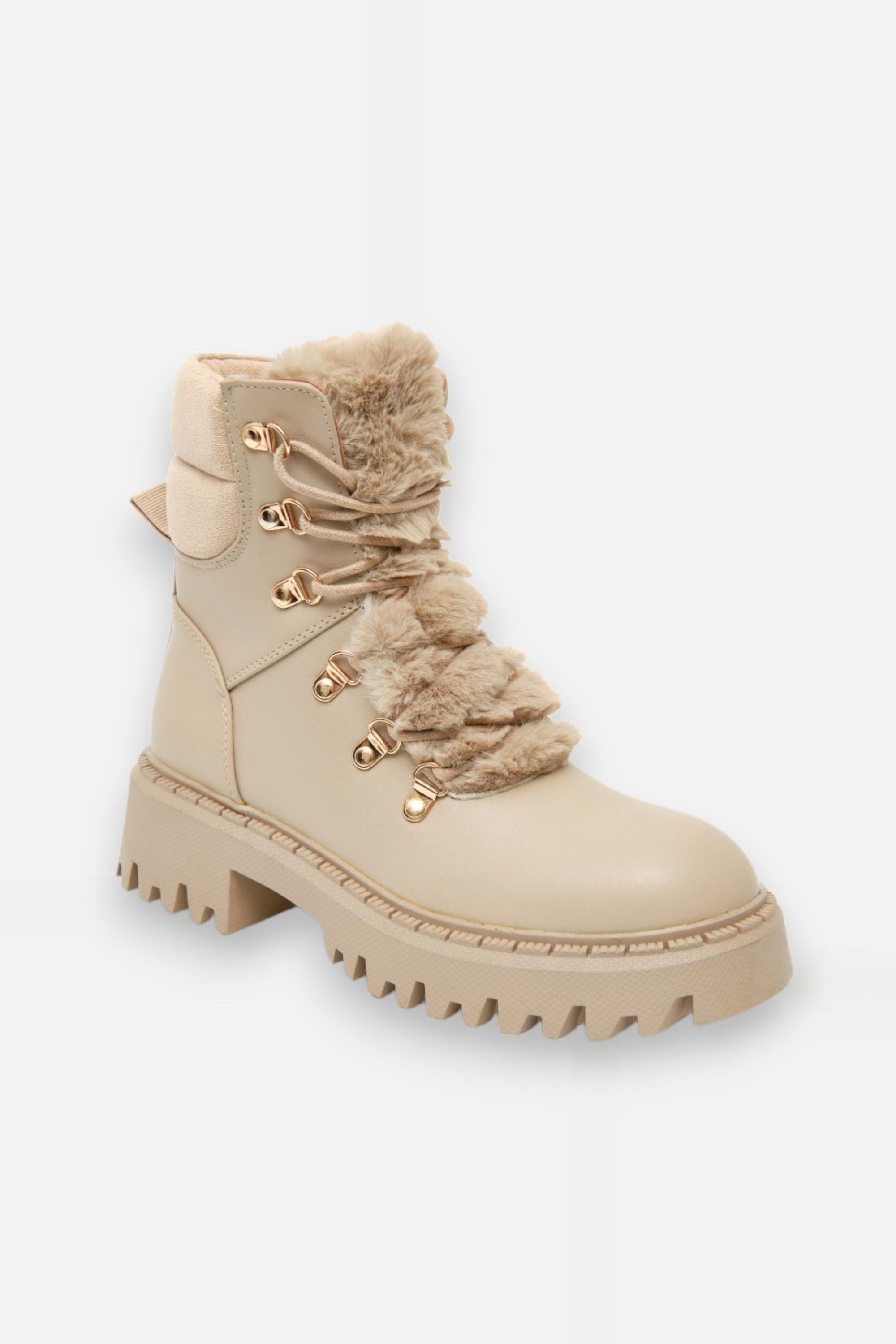 Fur Couture Ankle Boots Mocha, focused on chunky lug sole with non-slip tread
