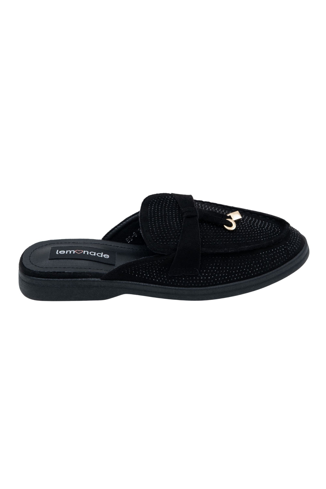 Crystal Dream Slip On Clog Mules Black, showcasing decorative strap with metallic charm accent