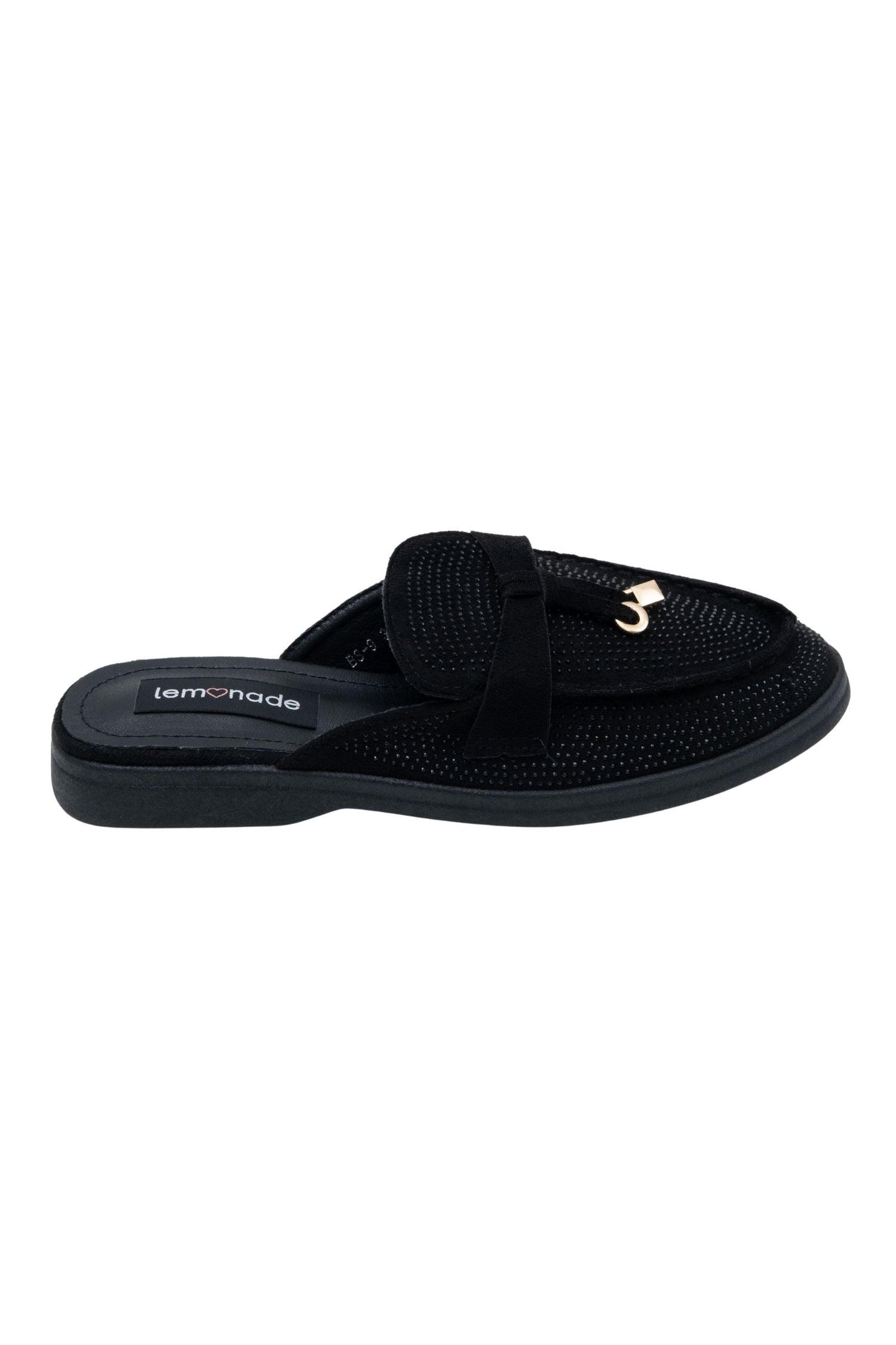 Crystal Dream Slip On Clog Mules Black, showcasing decorative strap with metallic charm accent