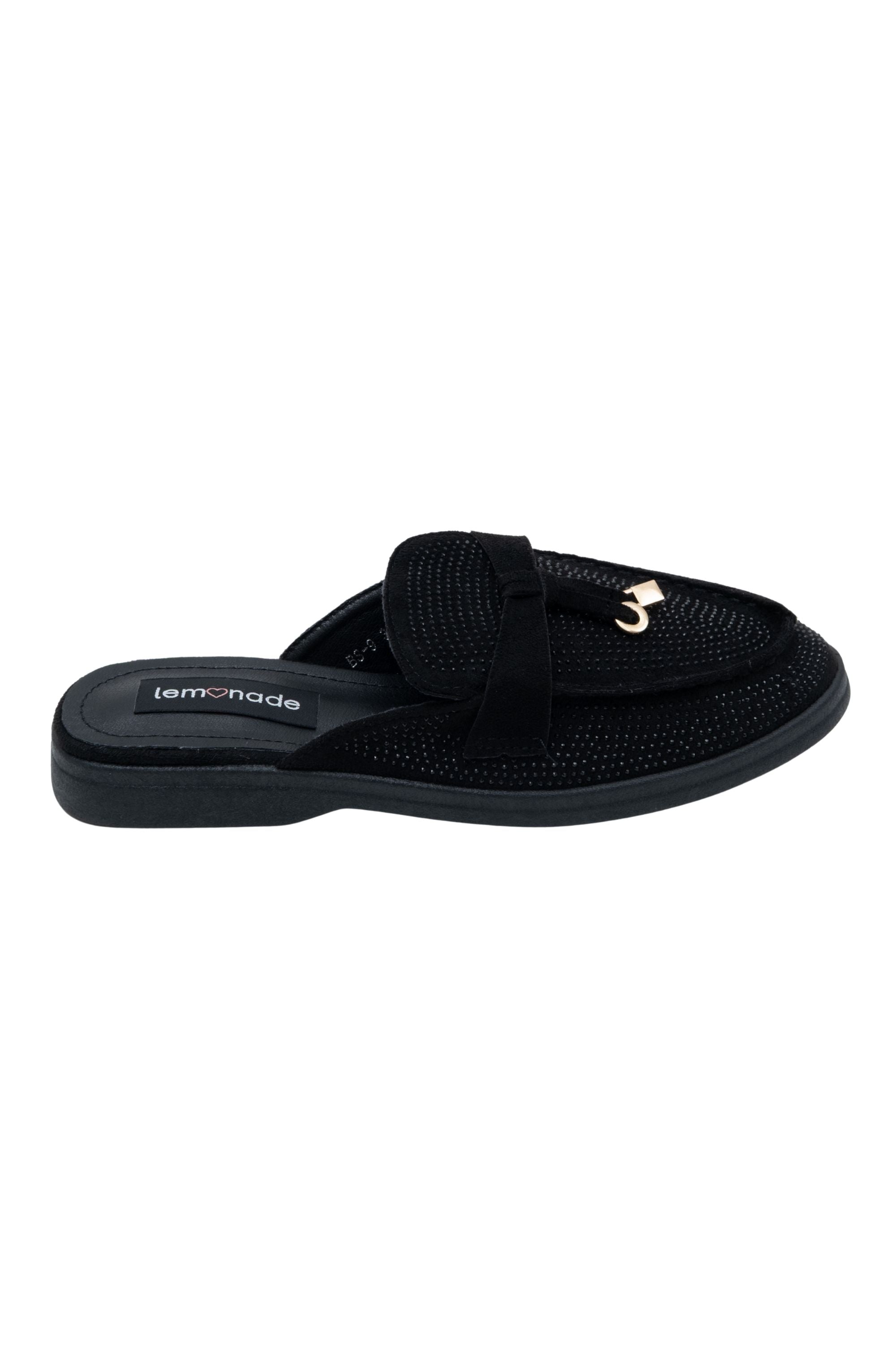 Crystal Dream Slip On Clog Mules Black, showcasing decorative strap with metallic charm accent