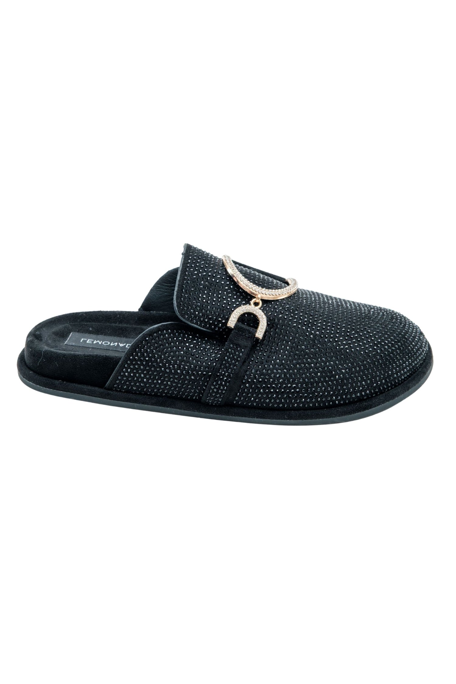 Crystal Imperial Suede Slip On Clog Mules Black, featuring soft faux suede upper with sparkling crystal finish