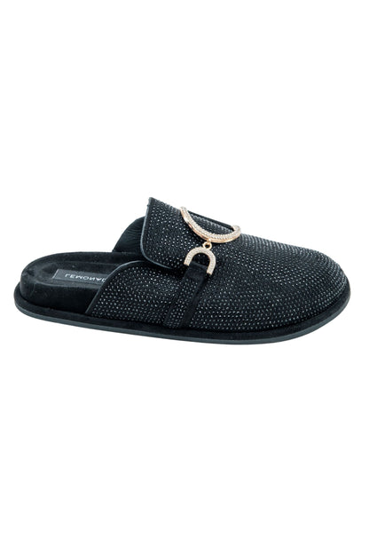 Crystal Imperial Suede Slip On Clog Mules Black, featuring soft faux suede upper with sparkling crystal finish