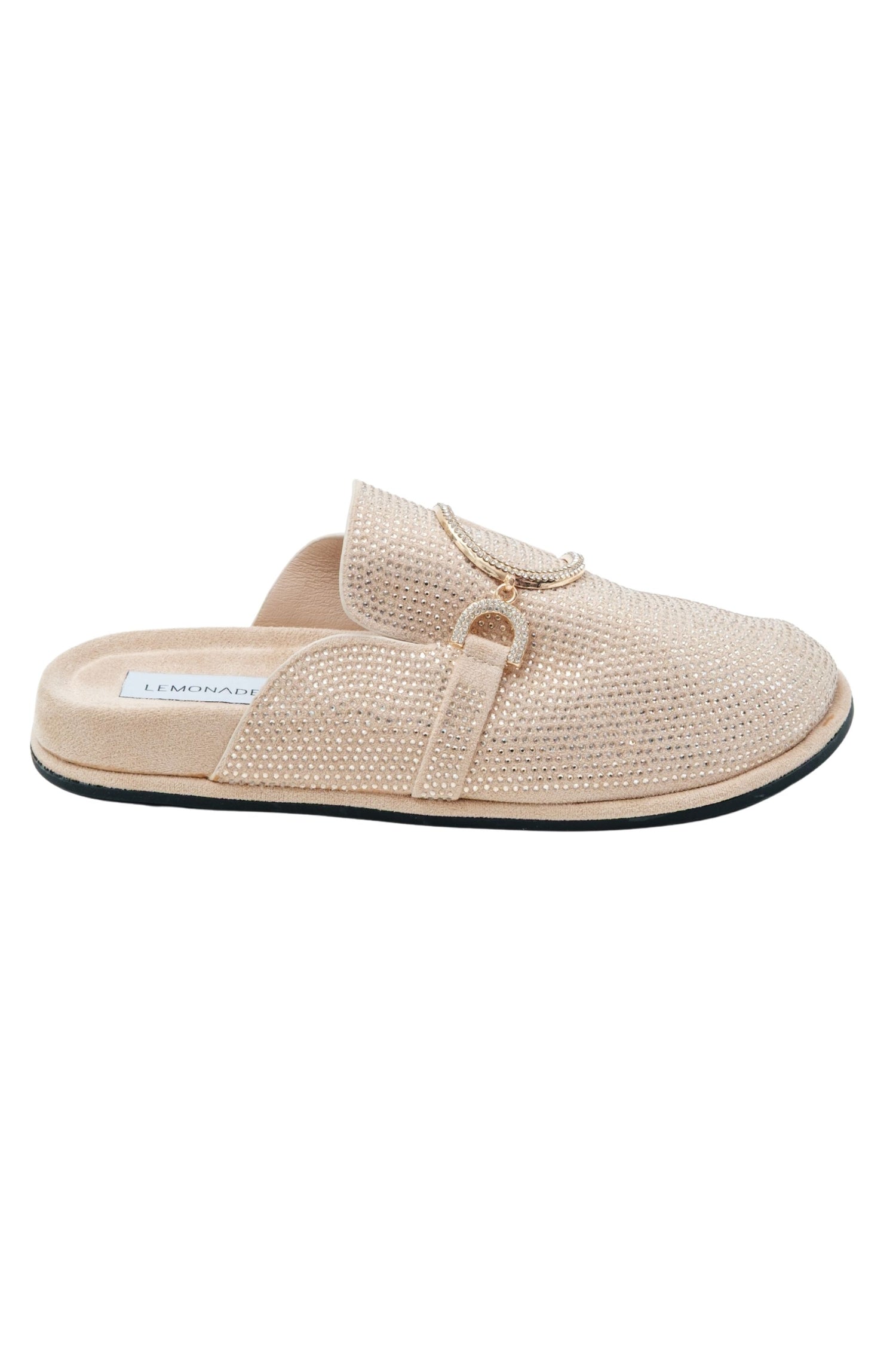 Crystal Imperial Suede Slip On Clog Mules Nude, featuring crystal embellished buckle detail