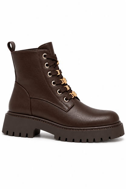 Cleo Luxe Gold Detail Leather Look Chunky Lace Up Ankle Boots Brown