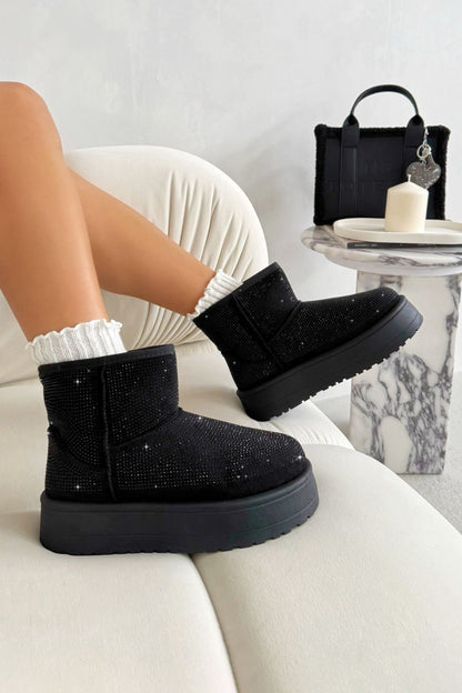 Sparkly Rhinestone Snugg Mini Boots Black featuring platform sole