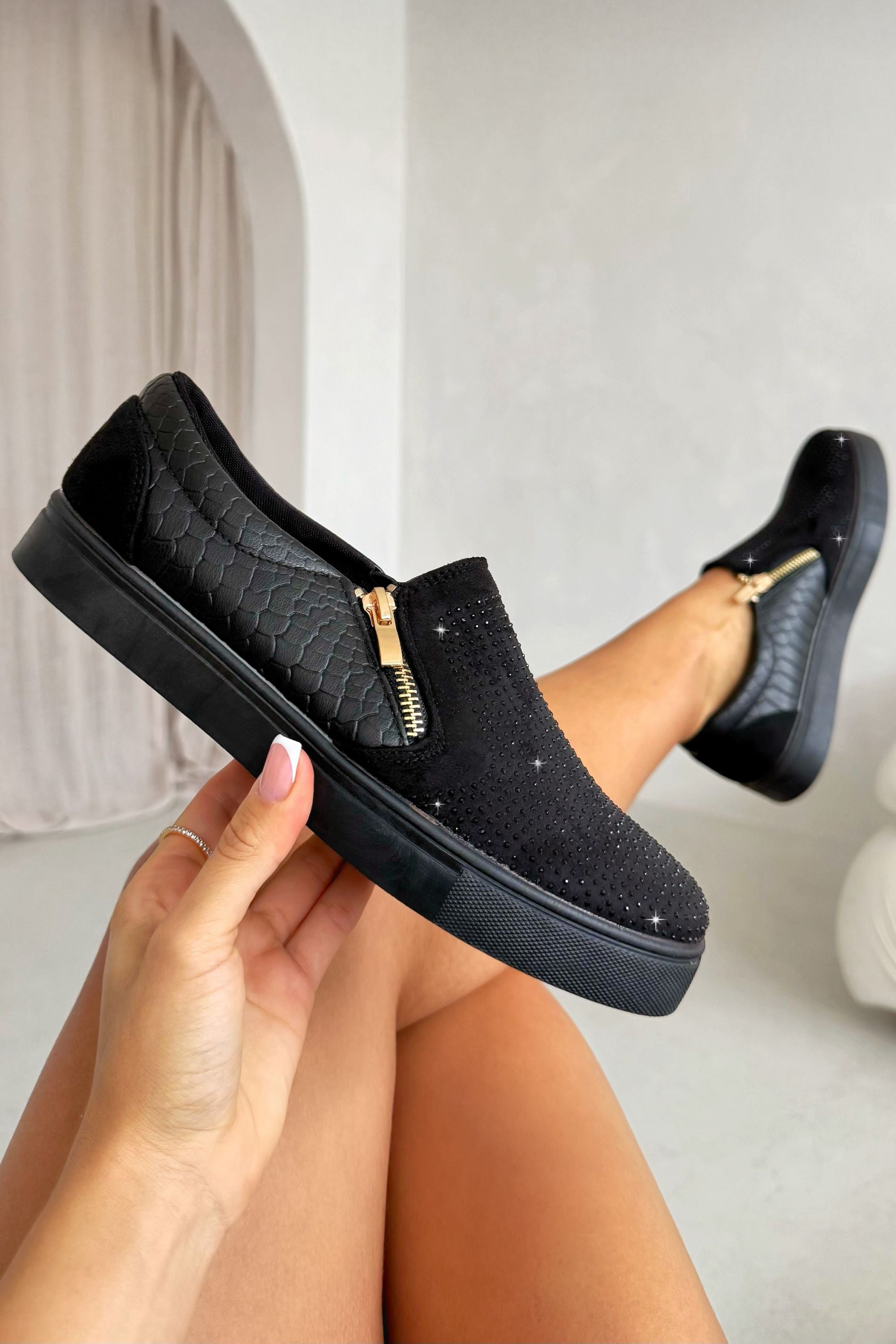 Crystal Suede Zip Pumps Black Trainers finished with crystal-embellished