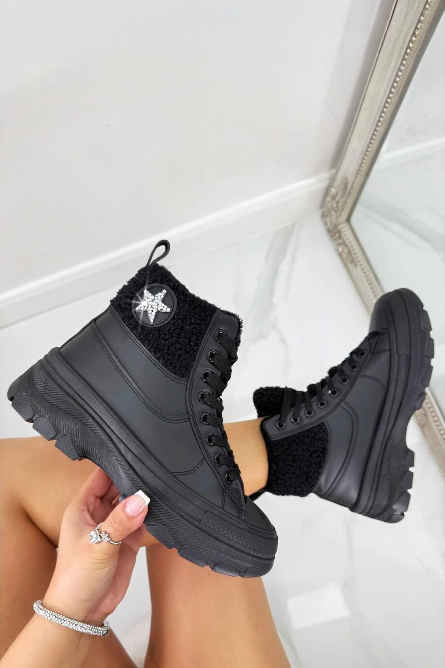 Crystal Starstruck Platform Ankle Trainer Boots Black designed with premium vegan leather  soft, durable, cruelty-free