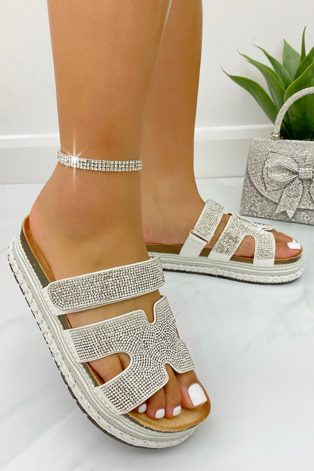 Crystal Luxe Double Strap Sliders Silver
