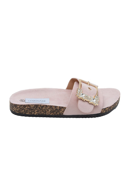 Crystal Chunky Buckle Sliders Baby Pink, showing adjustable Buckle Fastening
