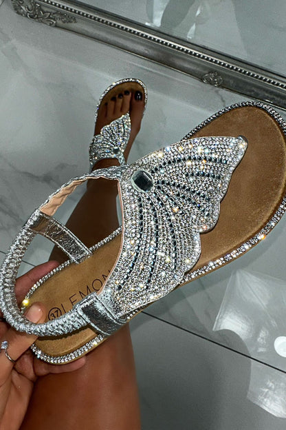 Crystal Couture Butterfly Sandals Silver, focused on toe posts