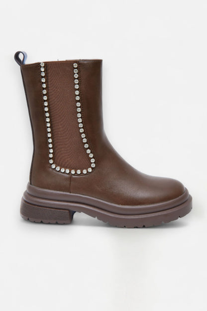 Crystal Drift Luxe Chelsea Boots Brown, showing chunky lug sole for height and traction