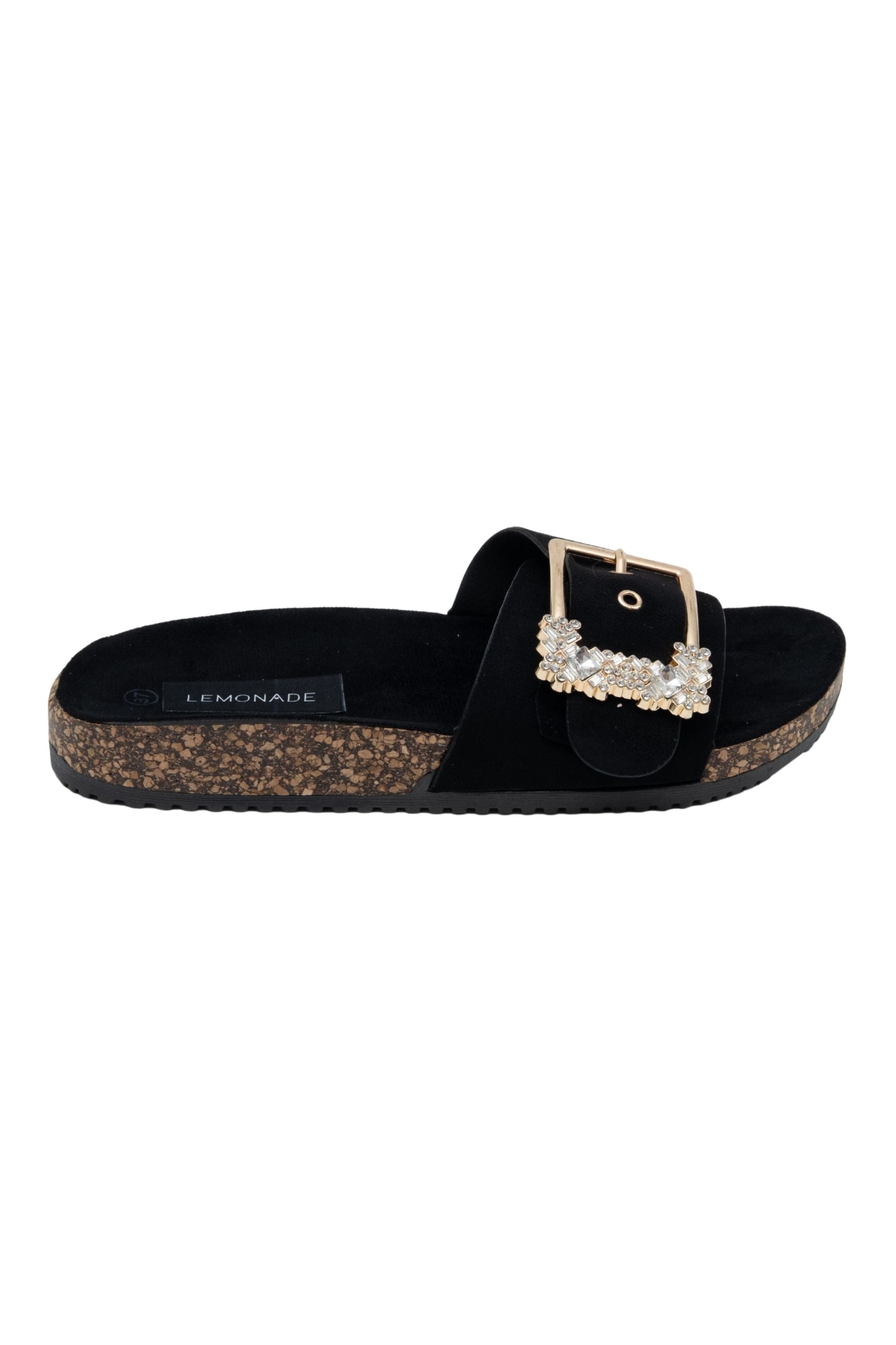 Crystal Chunky Buckle Sliders Black, capturing adjustable Buckle Fastening