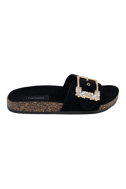 Crystal Chunky Buckle Sliders Black, capturing adjustable Buckle Fastening