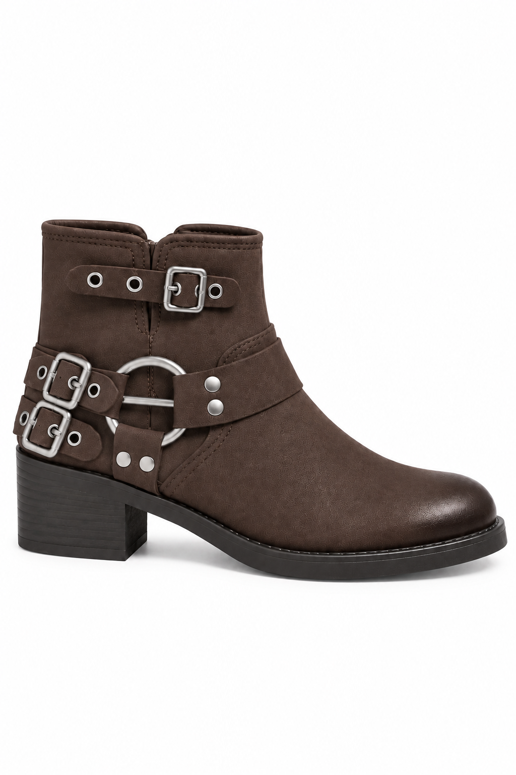 Ryder Luxe Harness Buckle Biker Low Heel Zip Up Faux Leather Ankle Boots Brown