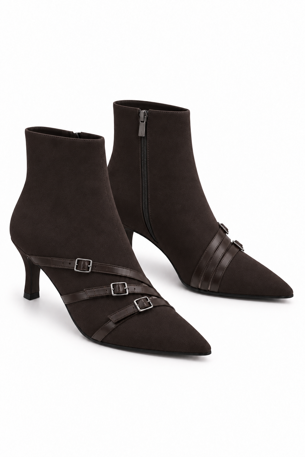 Elara Faux Suede Triple Buckle Zip Up Kitten Heel Ankle Boots Black
