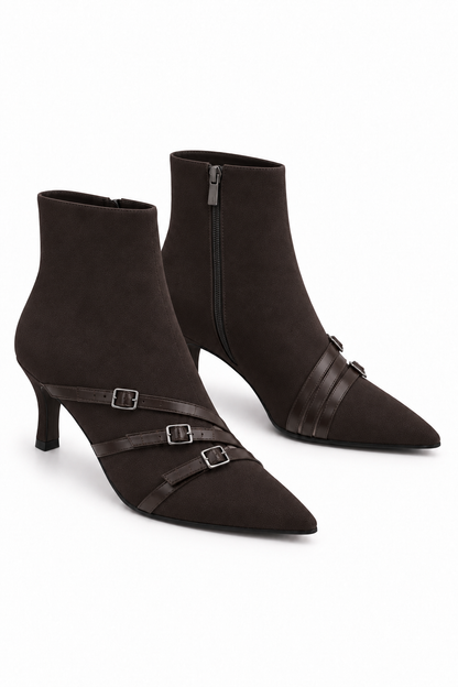 Elara Faux Suede Triple Buckle Zip Up Kitten Heel Ankle Boots Black