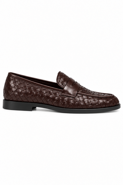 Marlow Luxe Woven Leather Look Flat Loafers Coffee Brown