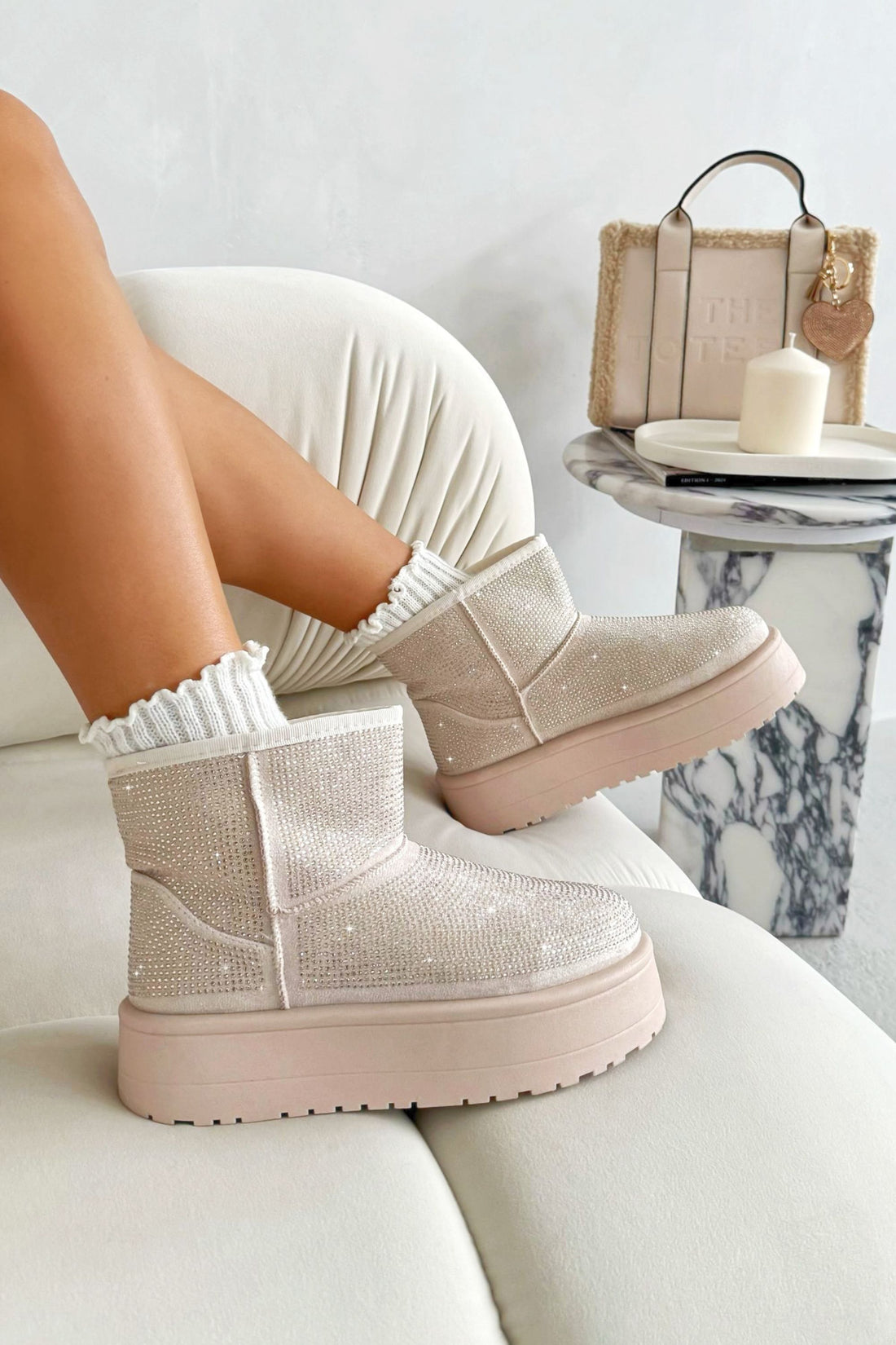 Sparkly Rhinestone Snugg Mini Boots Nude with platform sole