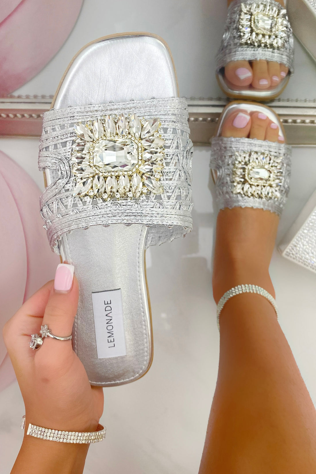 Crystal Bloom Sliders Silver finished with sizes 3-8