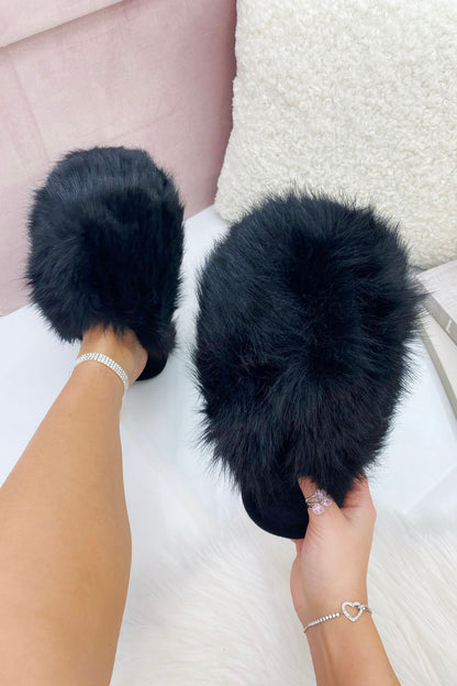 Ultimate Cosy Fluffy Slippers Black featuring true to size