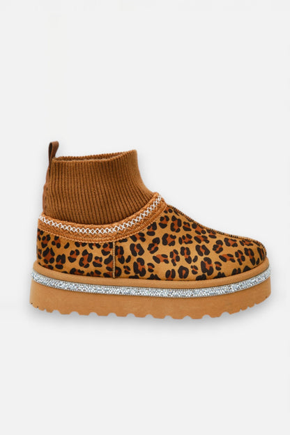 Sparkly Stretch Sock Warmer Mini Snugg Slipper Boots Leopard, bringing attention to platform style