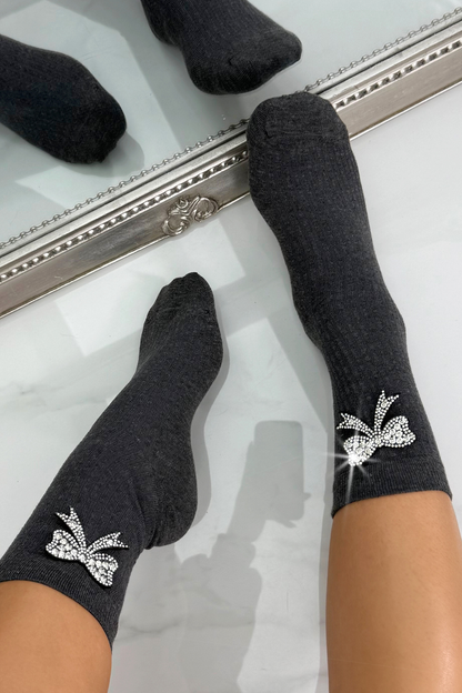 Sparkly Bow Socks Grey with soft, comfortable, and stretchy cotton blend