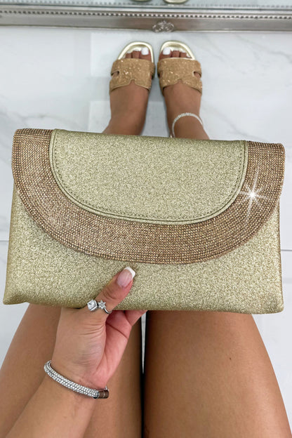 Glitter Luxe Metallic Crystal Envelope Clutch Bag Gold featuring a glitter-finish exterior and elegant crystal detailing.