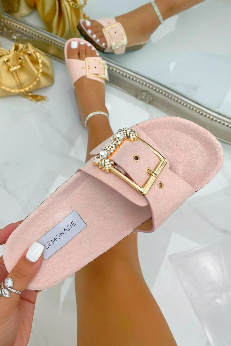 Crystal Chunky Buckle Sliders Baby Pink, bringing attention to crystal Embellished Buckle