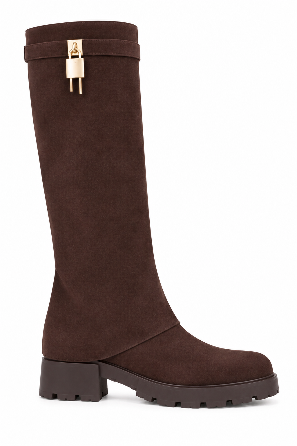 Portia Luxe Gold Padlock Faux Suede Chunky Foldover Zip Up Knee High Boots Brown