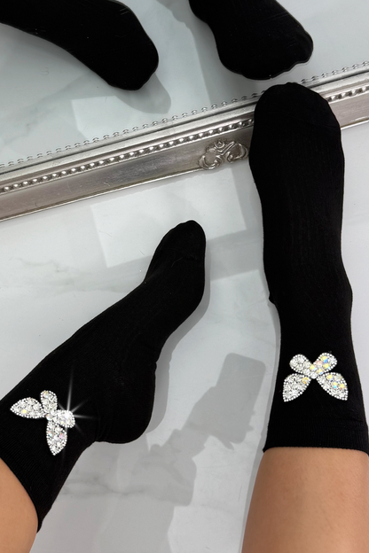 Sparkly Butterfly Socks Black featuring soft, comfortable, and stretchy cotton blend