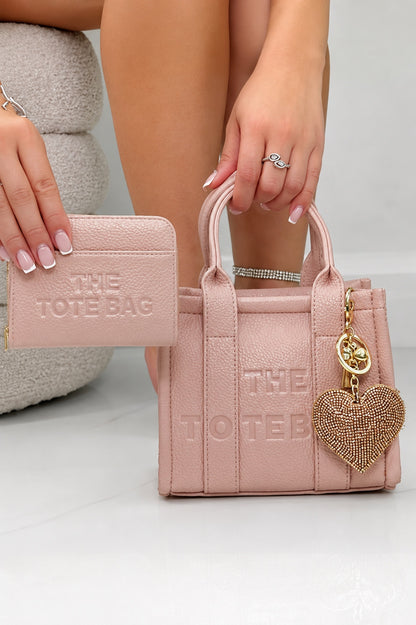 Faux Leather Mini Tote Bag Pink, Zip Up Tote Bag Purse Pink &amp; Padded Heart Keyring Gold Bundle finished with striking pink faux leather  with a textured, luxury feel