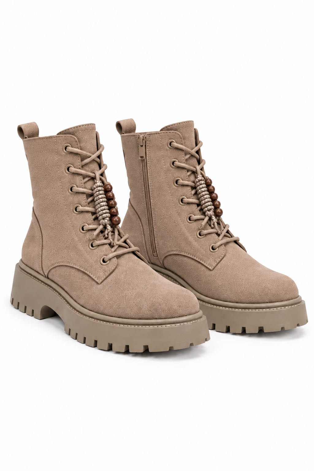 Dakota Comfort Lace-Up Chunky Faux Suede Zip Up Biker Boots Nude