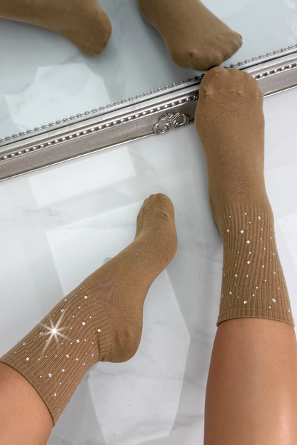 Crystal Sprinkle Socks Mocha with crystal Embellished