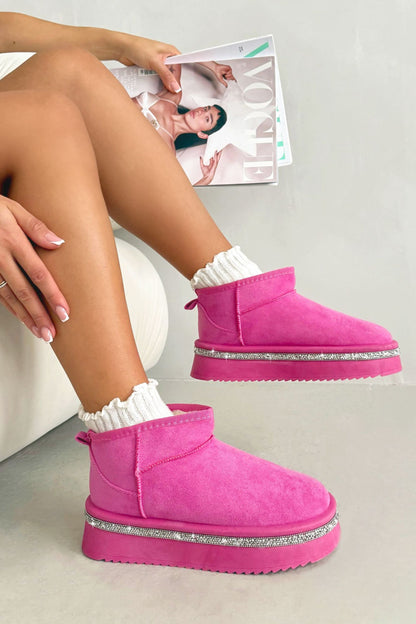 Sparkly Trim Platform Ultra Mini Snugg Boots Hot Pink finished with sparkly Crystal Trim