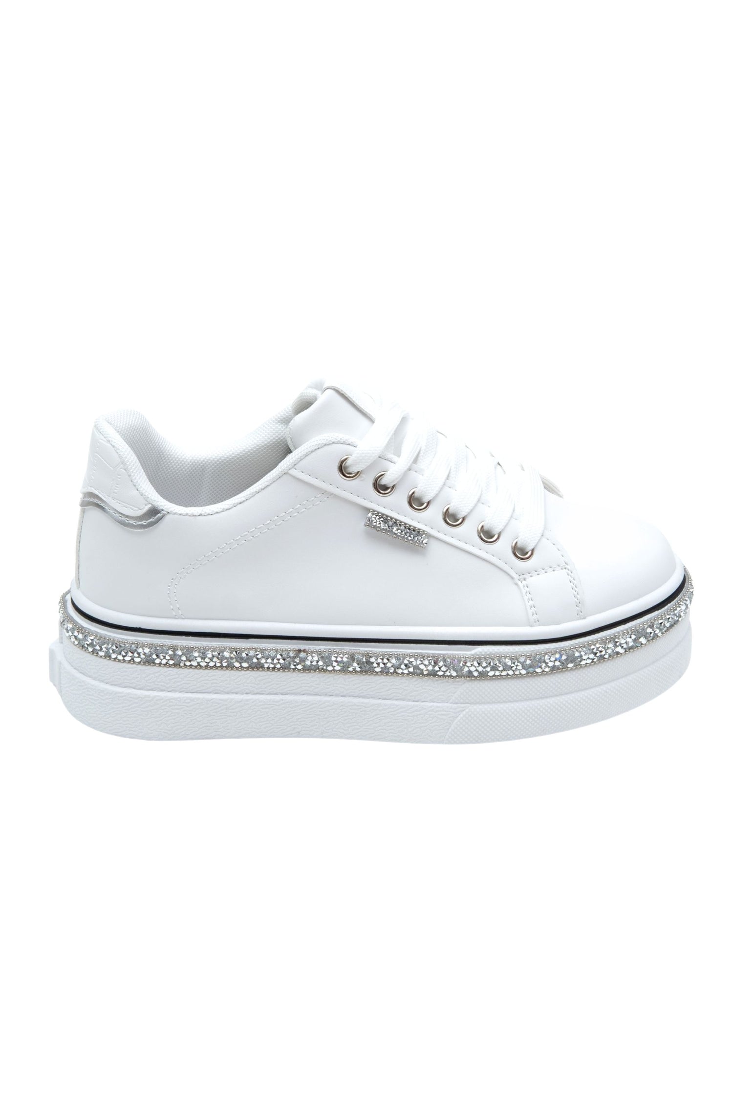 Sparkly Wedge Trainers White with Crystal Trim, focused on chunky sole