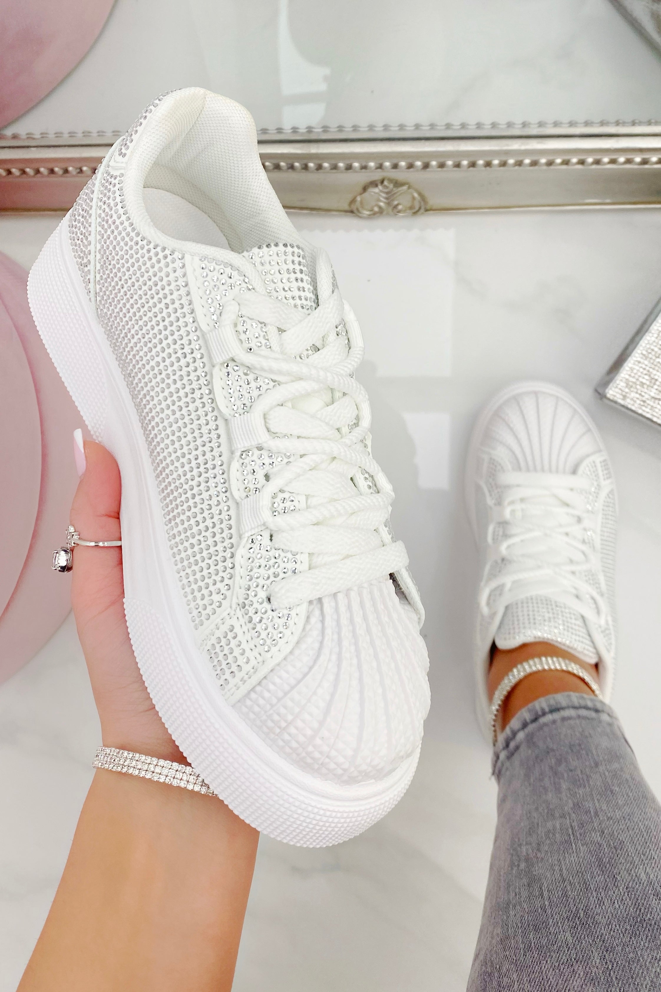 Sparkly Crystal Eternal Trainers White Imperfections, shown from another angle