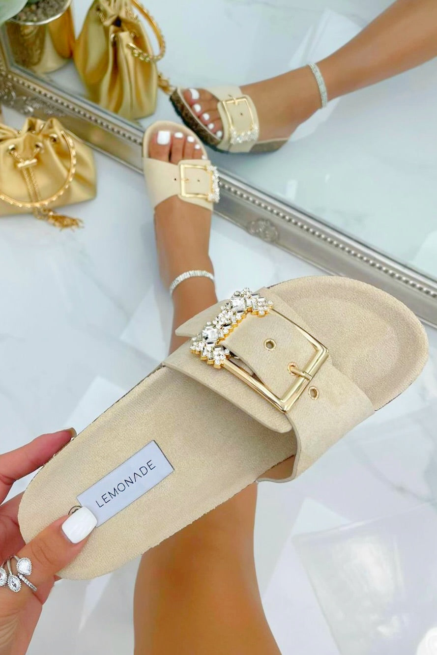 Crystal Chunky Buckle Sliders Nude, with emphasis on crystal Embellished Buckle