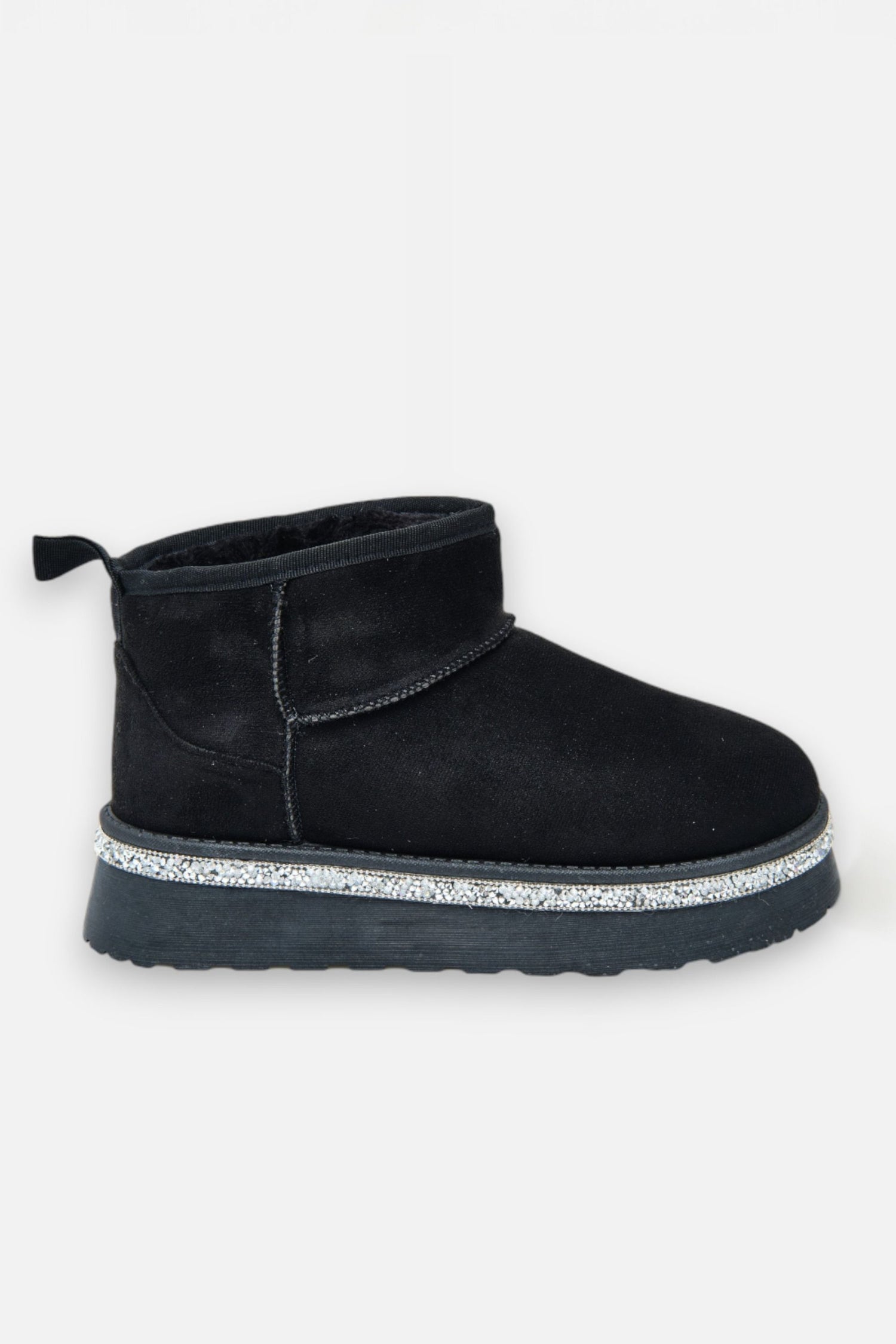 Crystal Trim Platform Ultra Mini Snugg Boots Black, highlighting platform sole