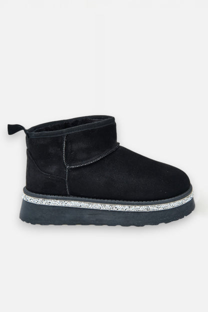 Crystal Trim Platform Ultra Mini Snugg Boots Black, highlighting platform sole