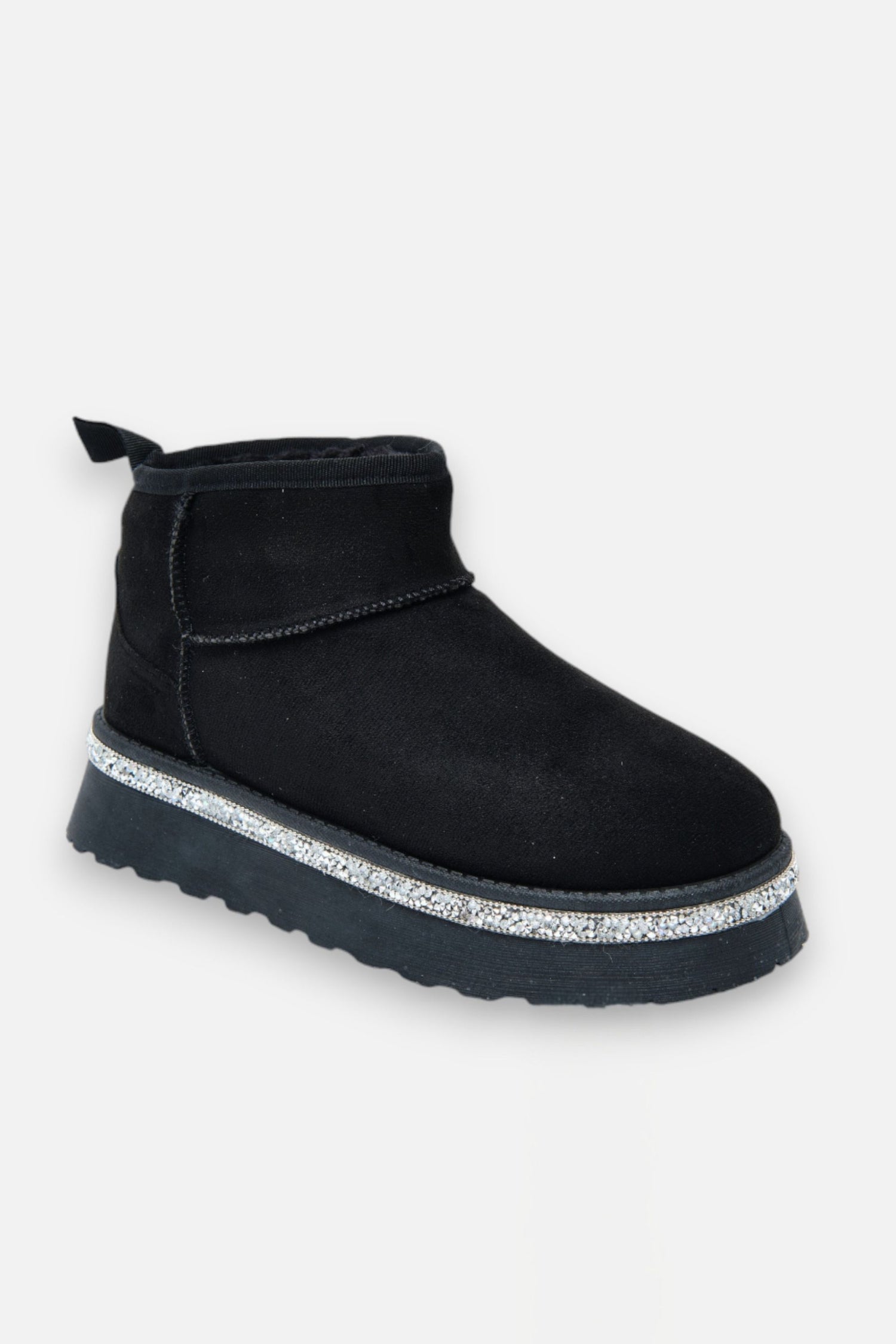 Crystal Trim Platform Ultra Mini Snugg Boots Black, capturing faux fur lining
