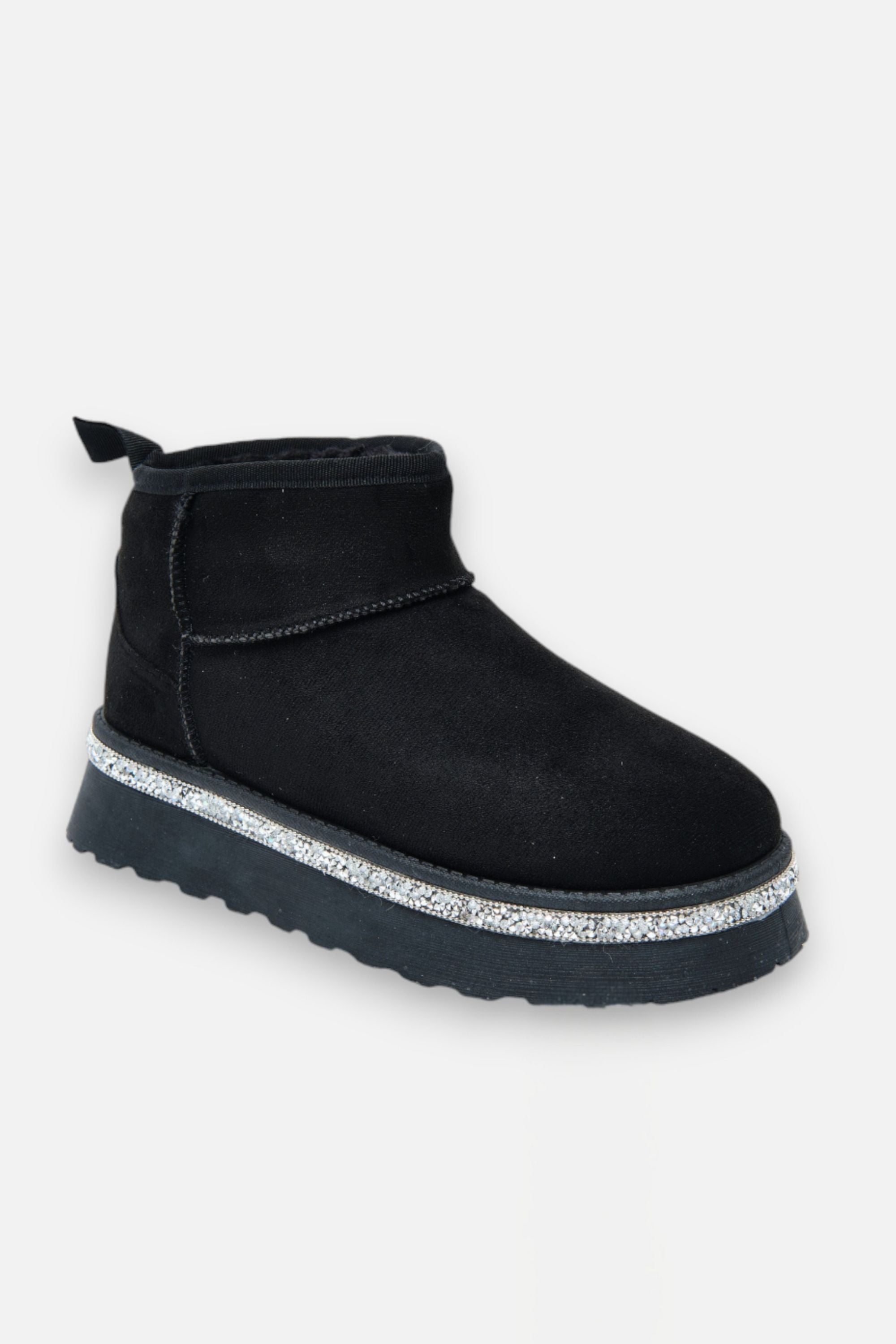 Crystal Trim Platform Ultra Mini Snugg Boots Black, capturing faux fur lining