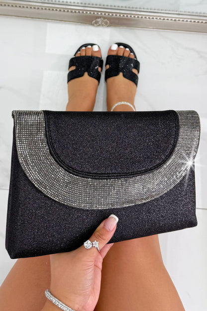 Glitter Luxe Metallic Crystal Envelope Clutch Bag Black featuring a glitter-finish exterior and elegant crystal detailing.