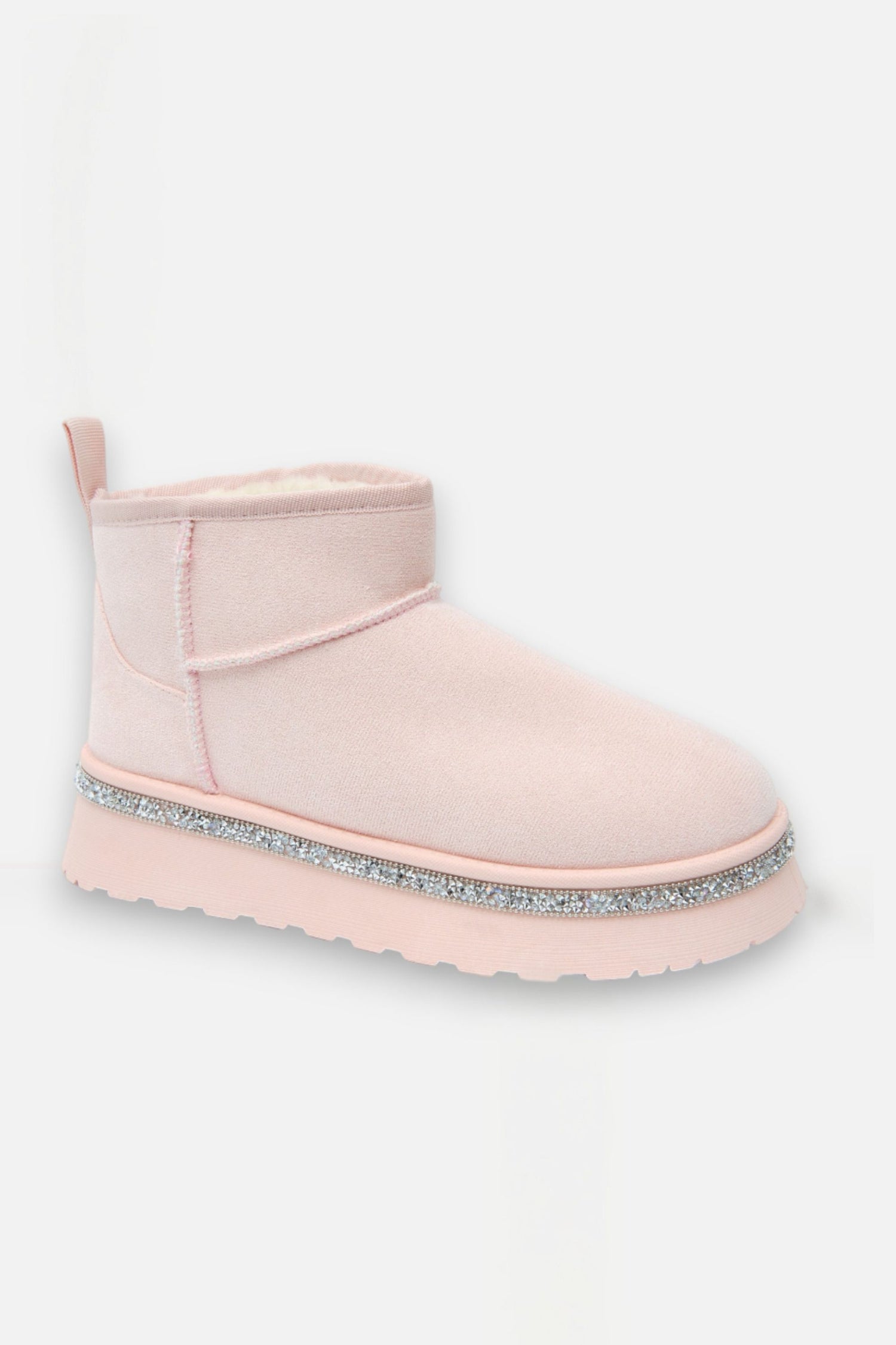 Crystal Trim Platform Ultra Mini Snugg Boots Baby Pink, drawing attention to faux fur lining