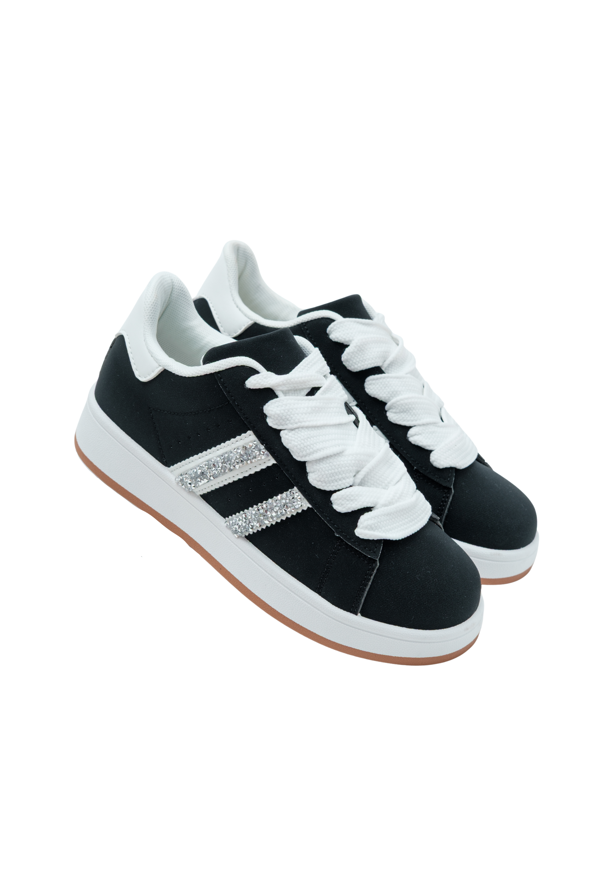 Crystal Stripe Trainers Limited Edition Black, drawing attention to rubber sole for grip and durability
