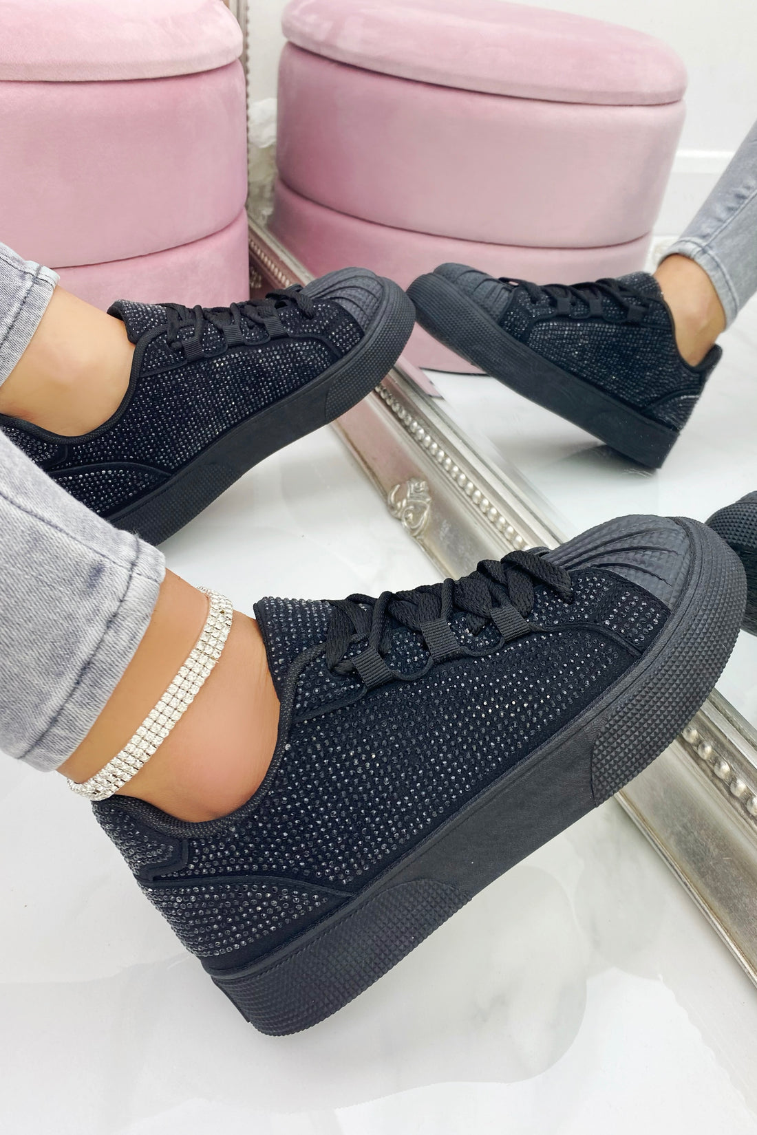 Sparkly Crystal Eternal Trainers Black, bringing attention to crystal Embellishment